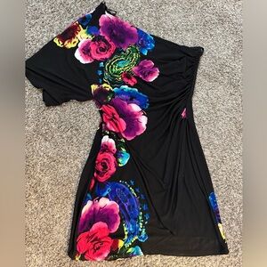 Bisou Bisou One Shoulder Black Dress with Vibrant Floral Design
